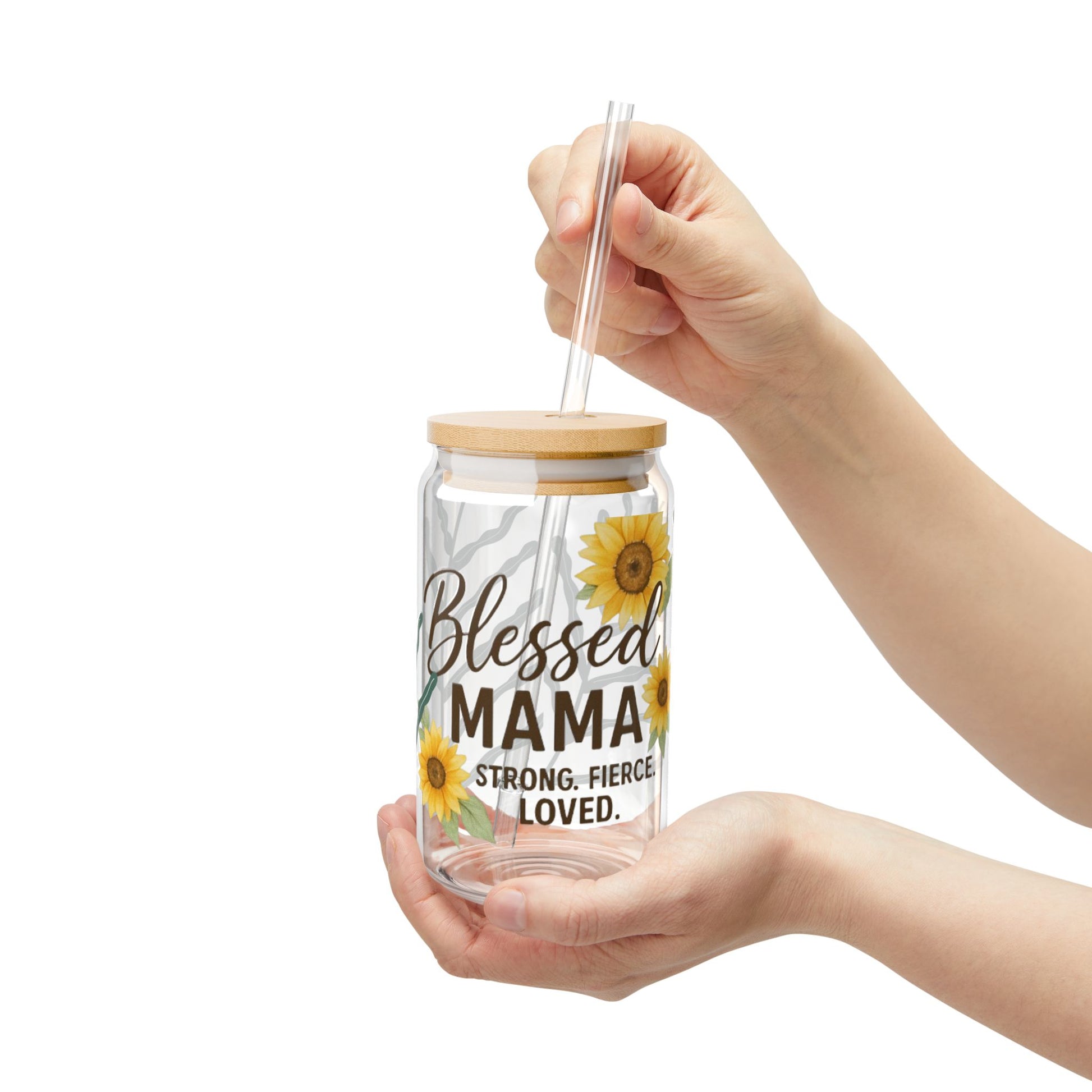 Blessed Mama Sipper Glass - 16oz with Sunflower Design - Perfect Gift for Moms