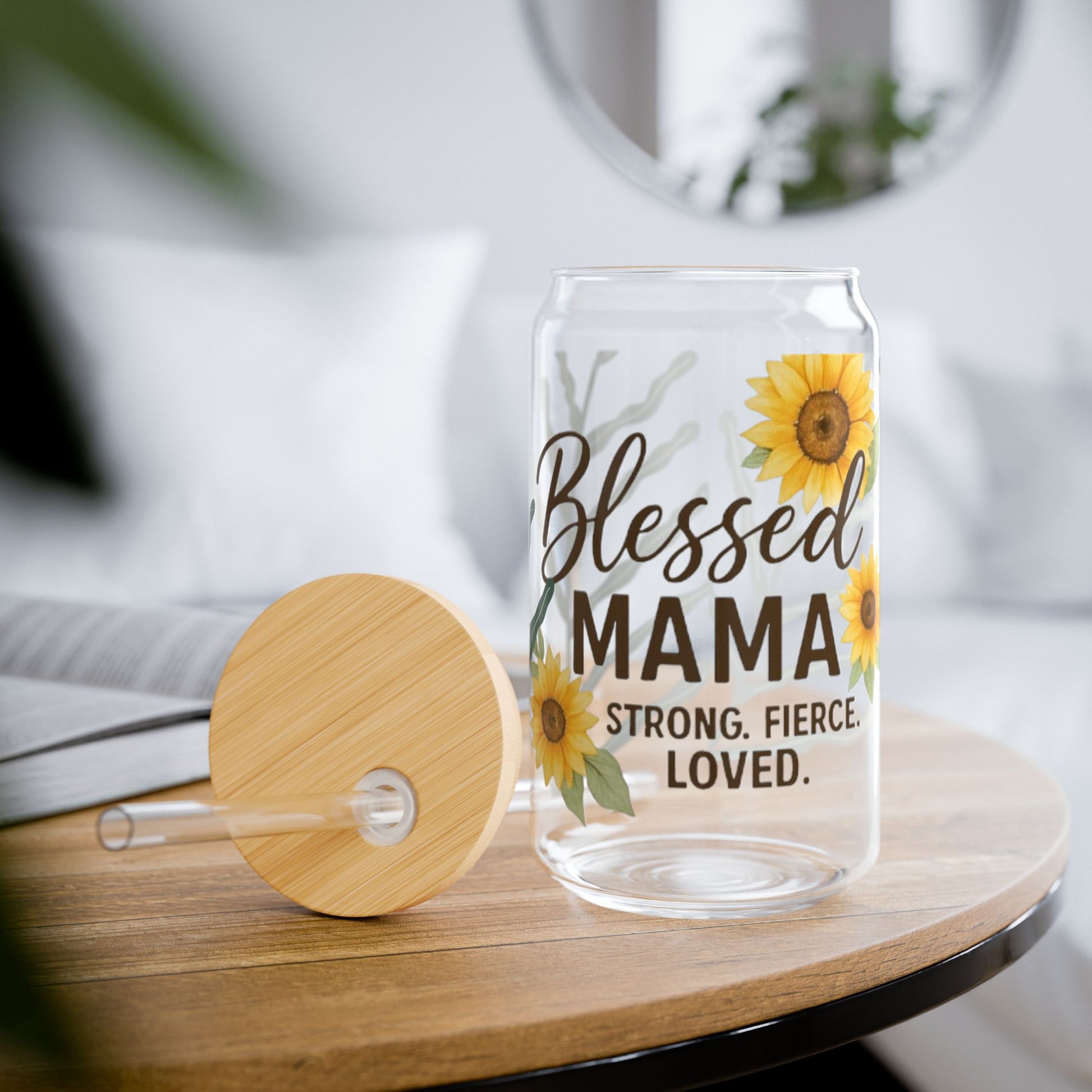 Blessed Mama Sipper Glass - 16oz with Sunflower Design - Perfect Gift for Moms