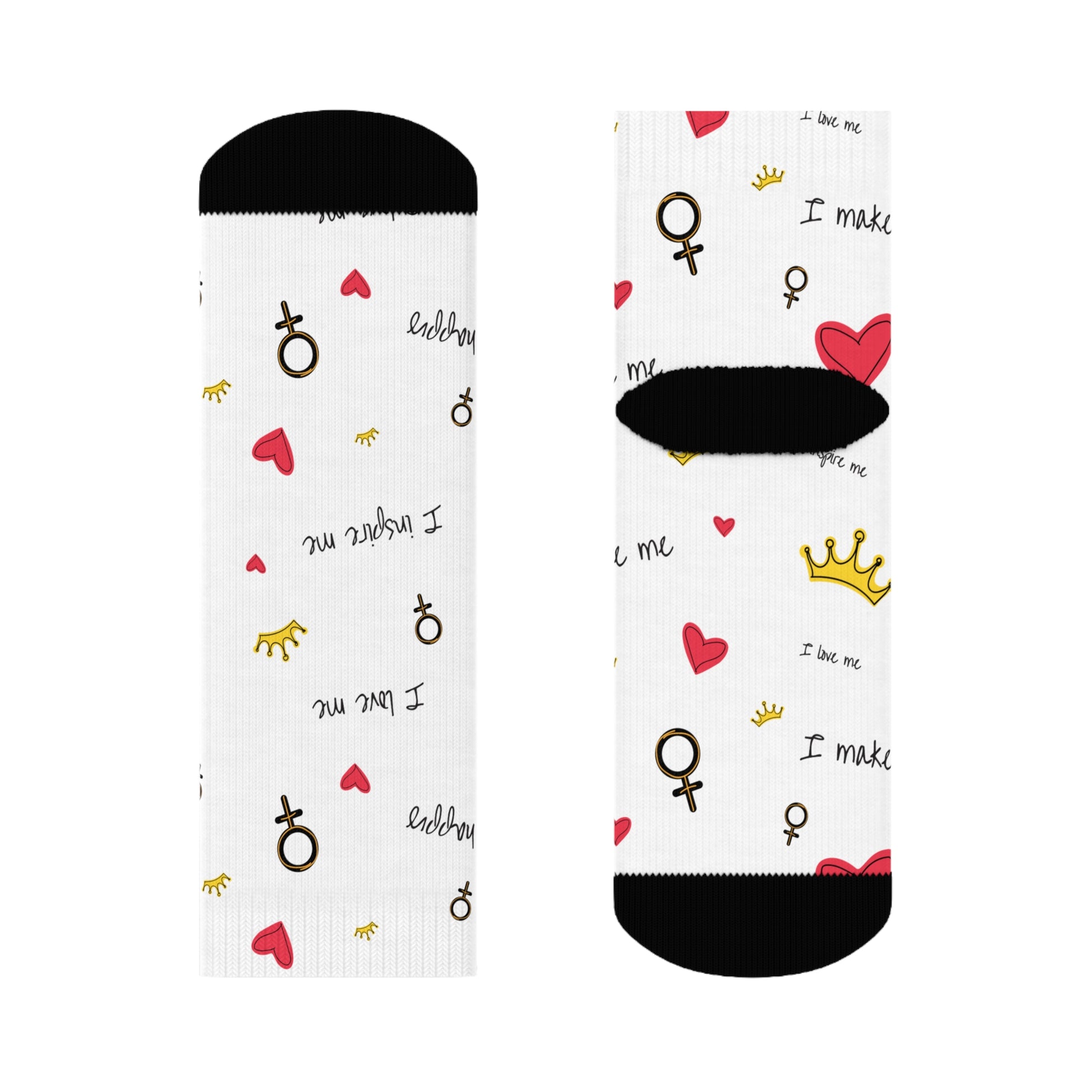 Playful Motivational Crew Socks - 'I Make Me' Design with Hearts and Balloons