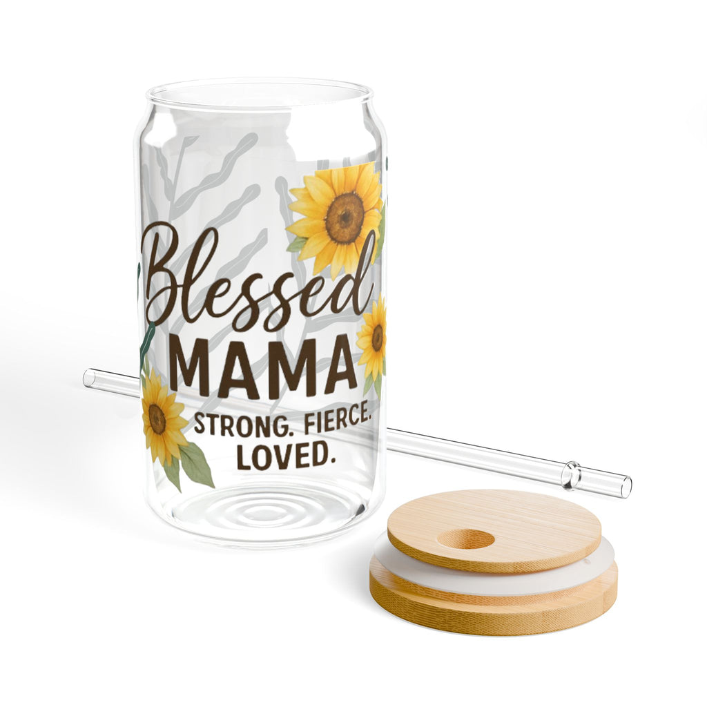 Blessed Mama Sipper Glass - 16oz with Sunflower Design - Perfect Gift for Moms