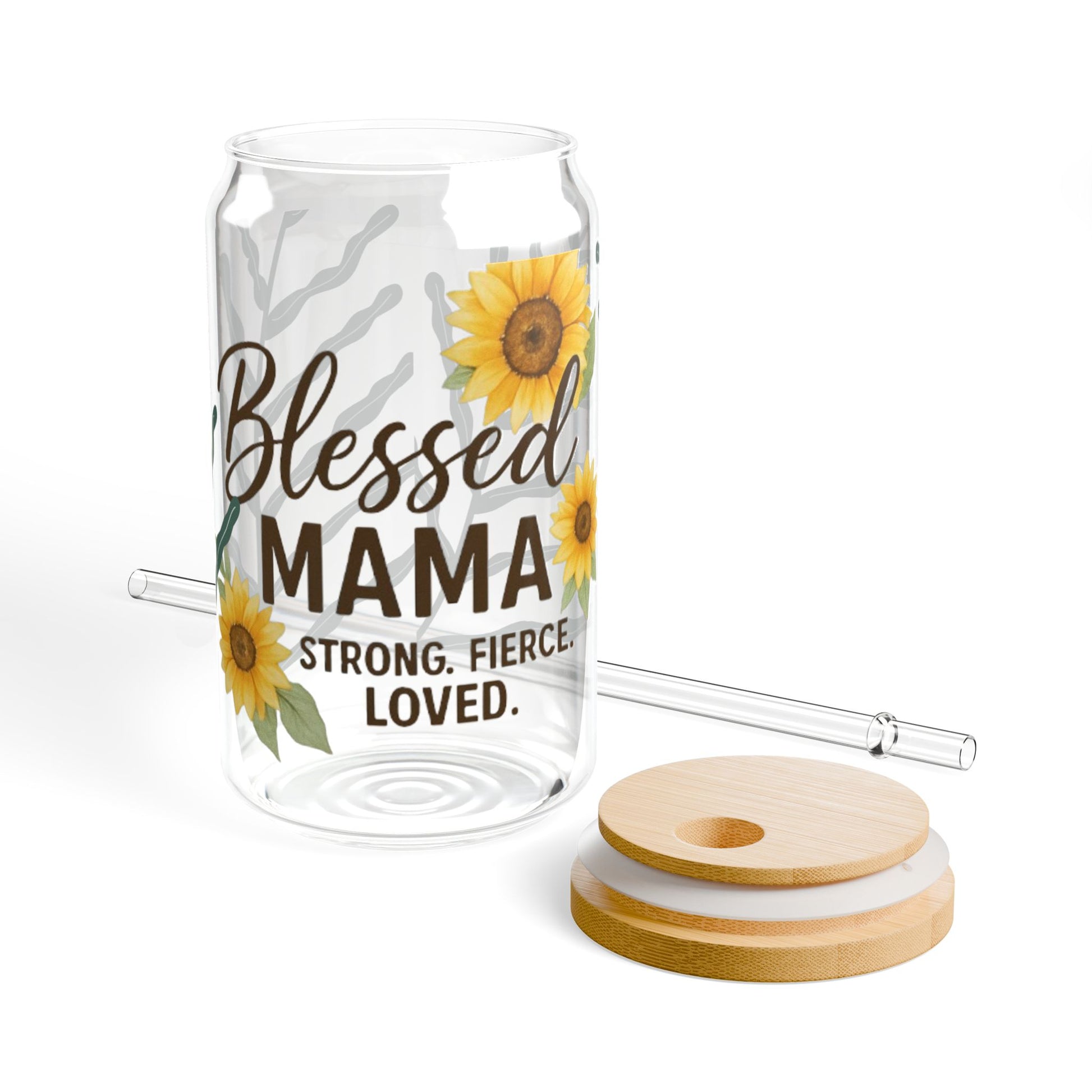 Blessed Mama Sipper Glass - 16oz with Sunflower Design - Perfect Gift for Moms