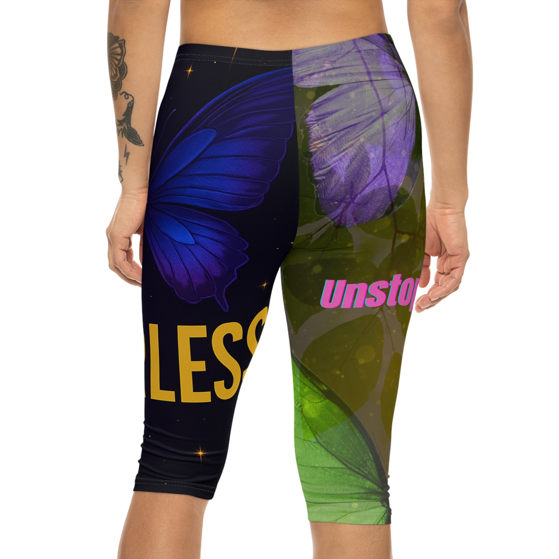 Inspiring Womens Capri Leggings Empowerment Activewear Workout Gear Motivational Yoga Pants Unique Fitness Gift Butterfly Design