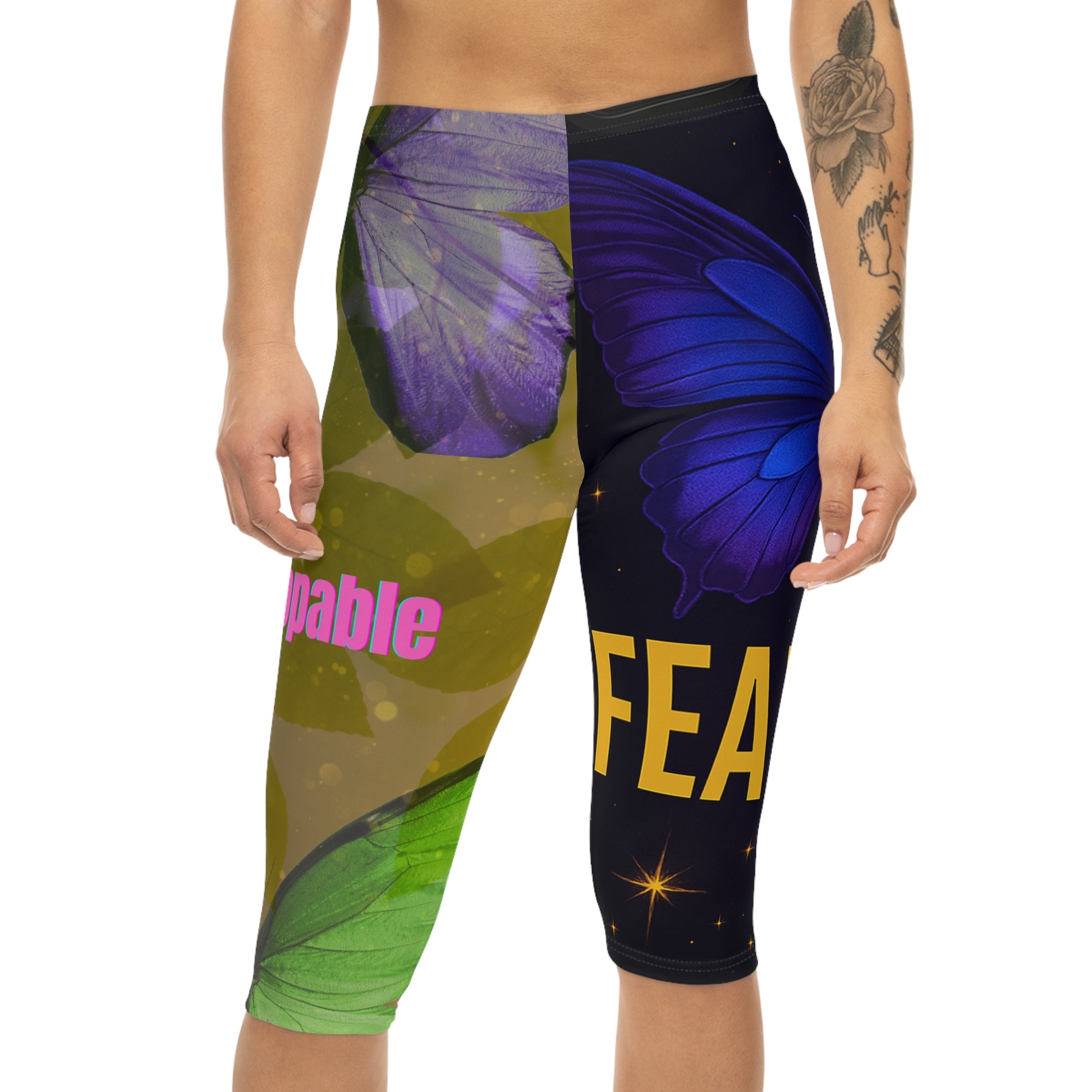 Inspiring Womens Capri Leggings Empowerment Activewear Workout Gear Motivational Yoga Pants Unique Fitness Gift Butterfly Design