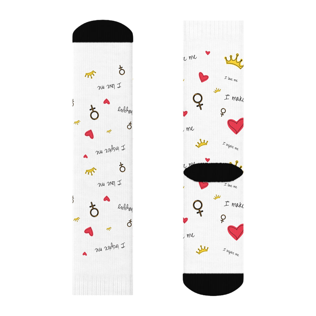 Playful Motivational Crew Socks - 'I Make Me' Design with Hearts and Balloons