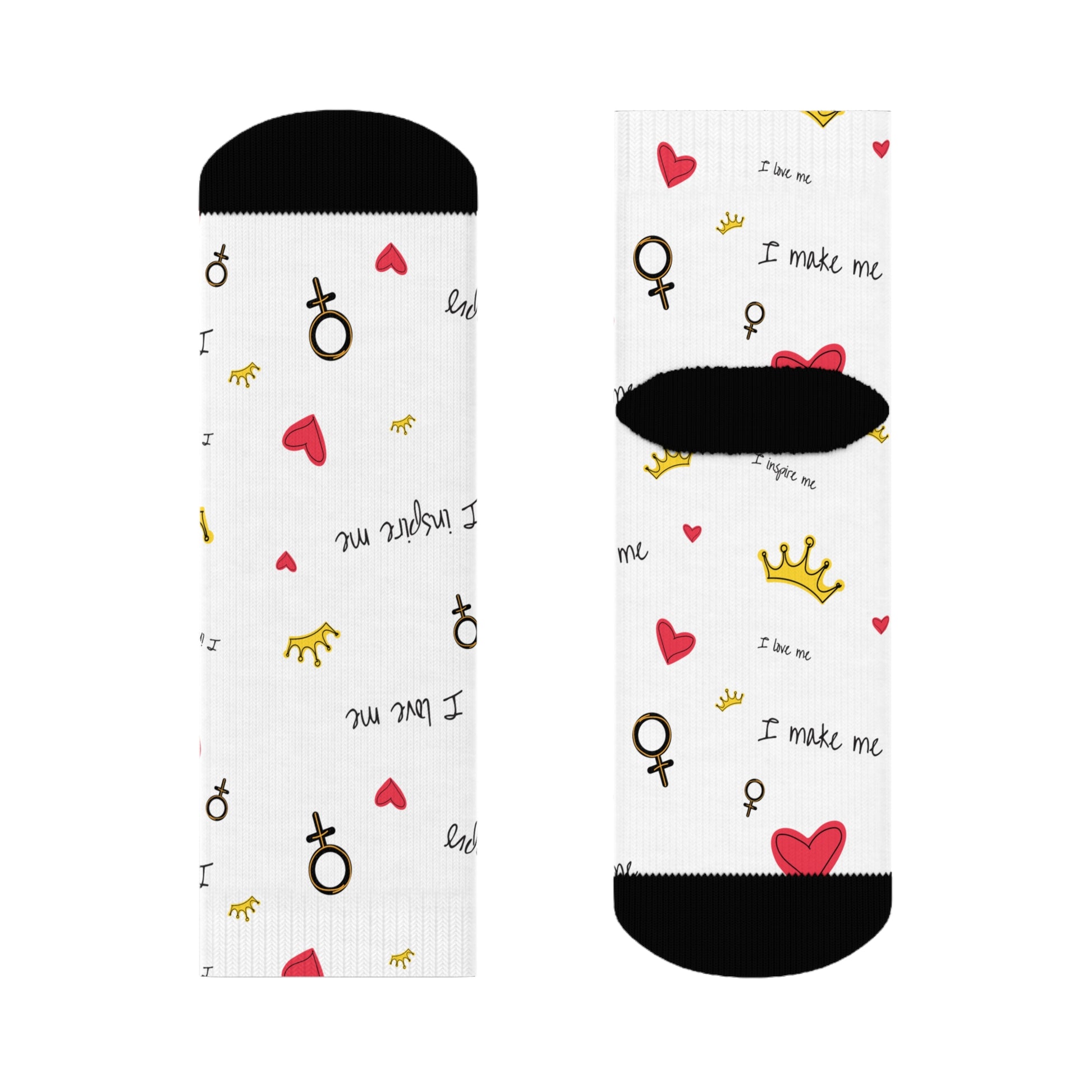 Playful Motivational Crew Socks - 'I Make Me' Design with Hearts and Balloons