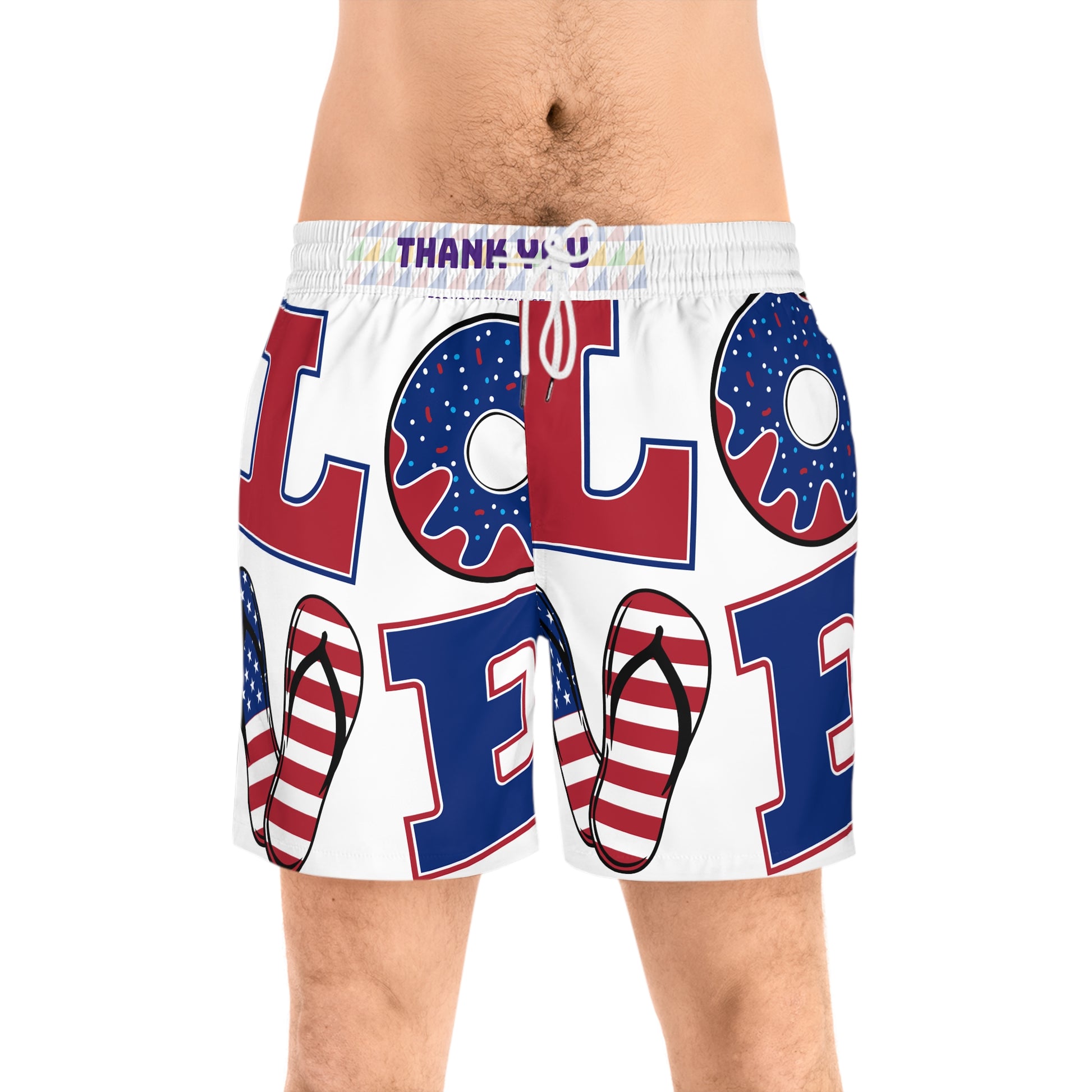 Patriotic Men's Mid-Length Swim Shorts - 'Love Donuts' & 'Red, White, and Blue' Designs