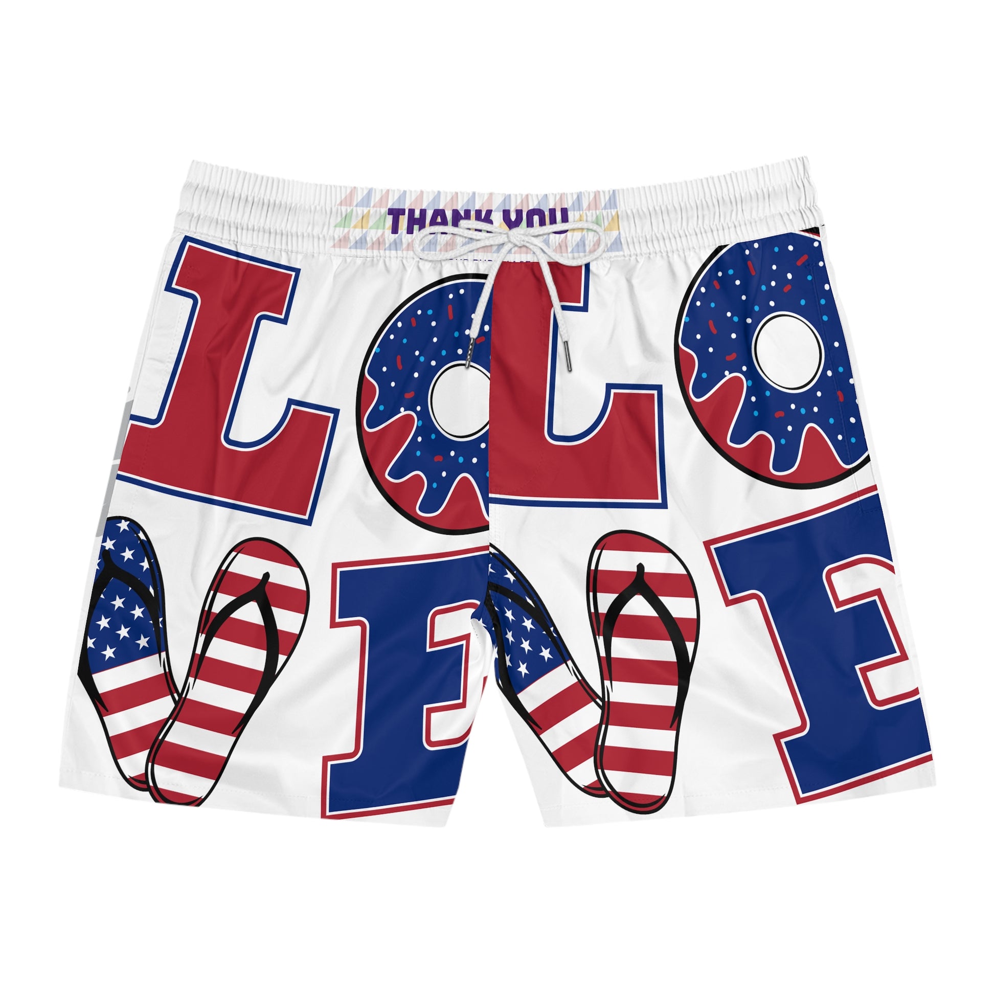 Patriotic Men's Mid-Length Swim Shorts - 'Love Donuts' & 'Red, White, and Blue' Designs